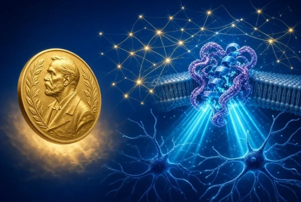 Nobel medal beside glowing channelrhodopsin and neural network