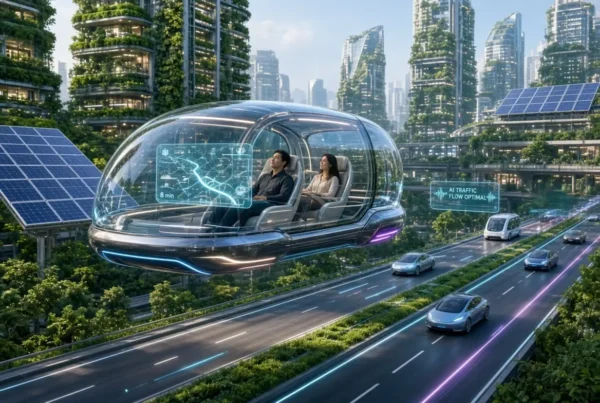 Transparent autonomous pod with passengers flying over green smart highway
