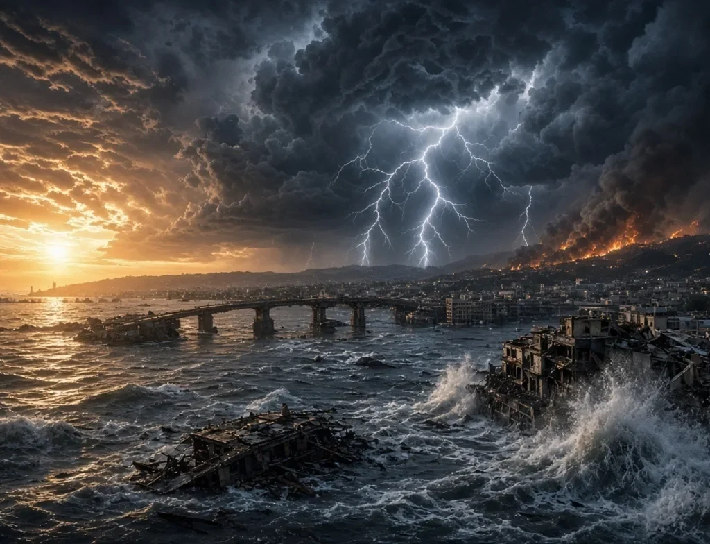 Climate Change:Dramatic storm over flooded coastal city with lightning and wildfires







