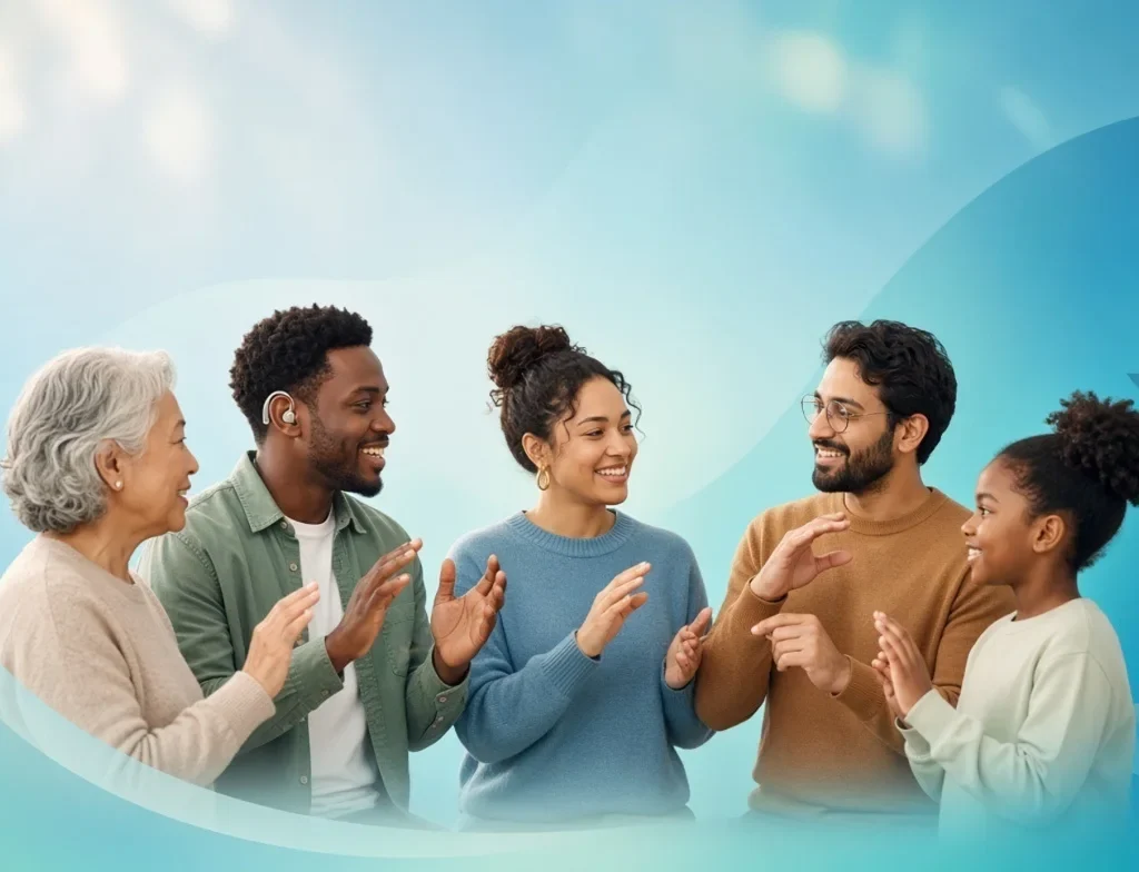 Deafness & Hearing Loss:Diverse people of all ages using sign language, one with a hearing aid