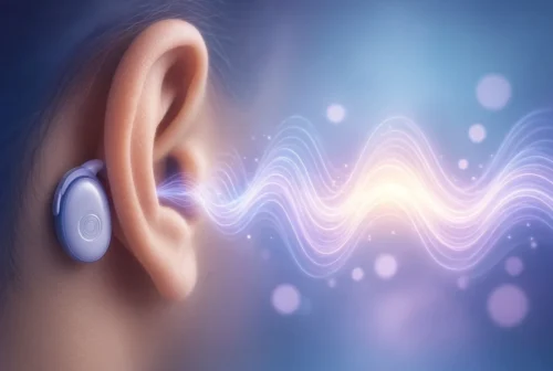 Close-up of an ear with a modern cochlear implant and glowing sound waves