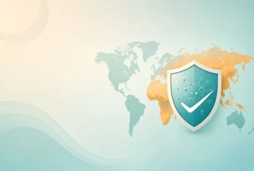 World map with protective shield and virus icon