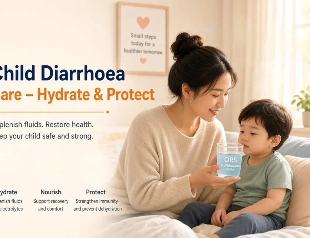 Mother giving ORS drink to toddler for child & diarrhoea care