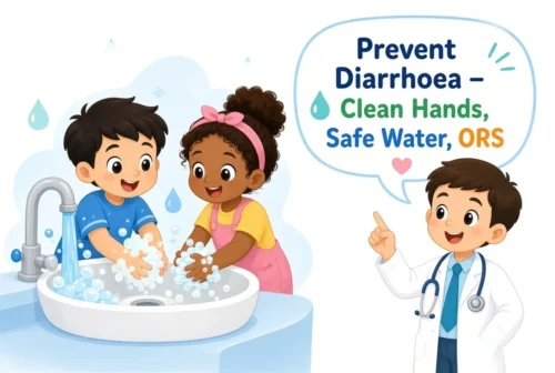 Children washing hands with doctor teaching diarrhoea prevention