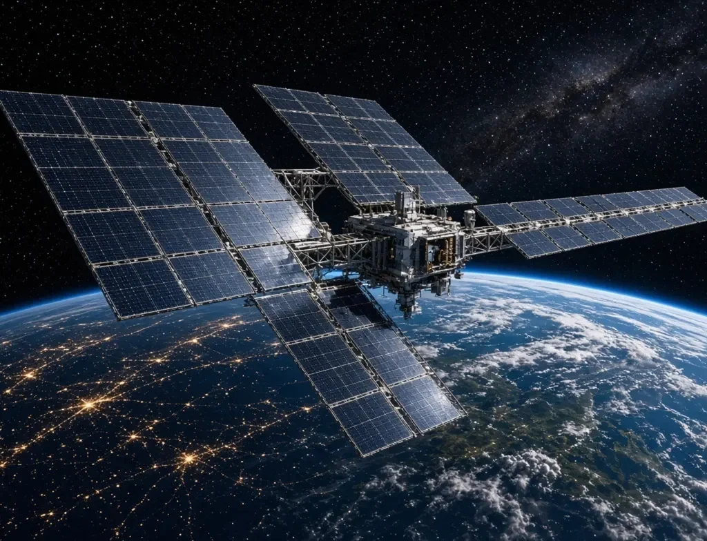 Space satellite with large space solar panel orbiting Earth at night