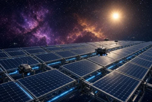 Massive space solar panel array with robots under a bright star and nebula