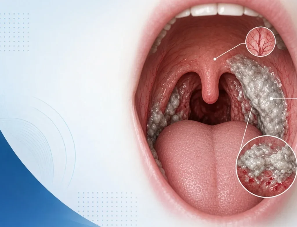 Close-up of throat showing grayish-white diphtheria membrane