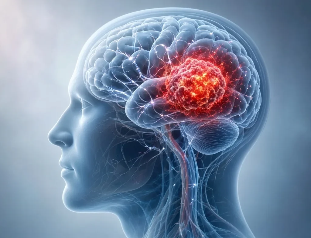 Transparent human head profile showing glowing red brain cancer(tumor)