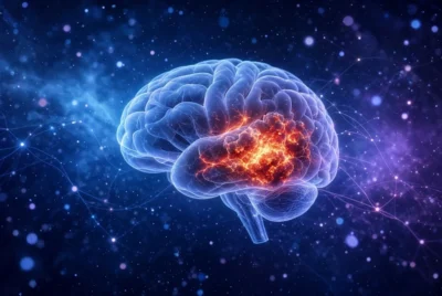 Glowing blue brain with orange-red tumor in dark space