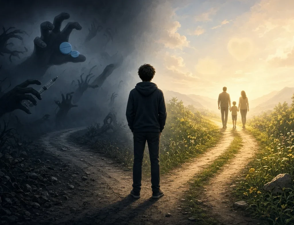 Young person standing at a crossroads choosing between drugs addiction and a healthy life