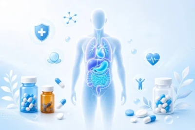 Transparent human body with glowing organs surrounded by medicines and health icons