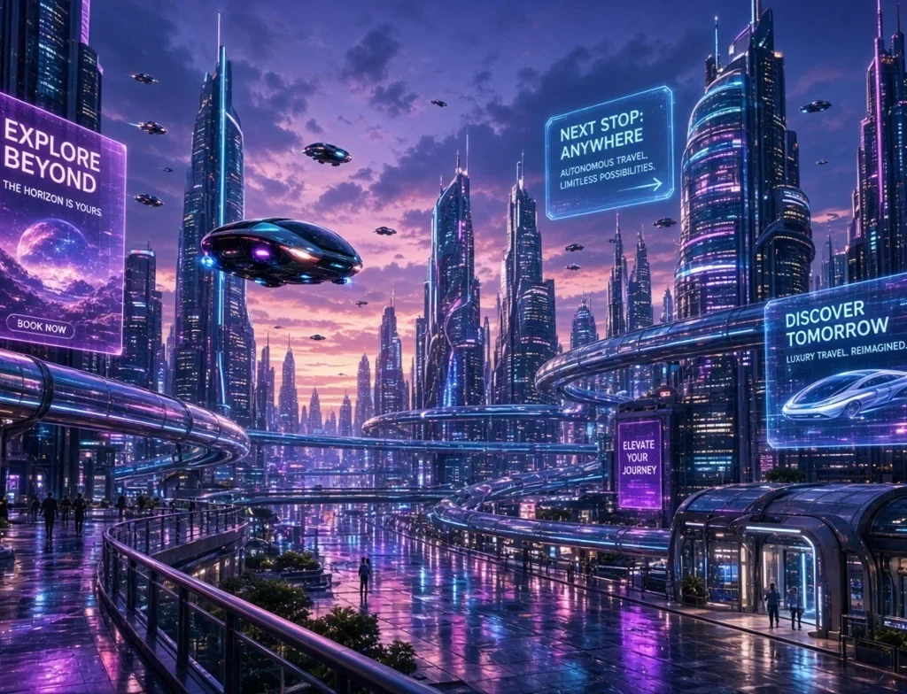 Future Travel:Futuristic city skyline with flying vehicles and glowing hyperloop tubes at dusk