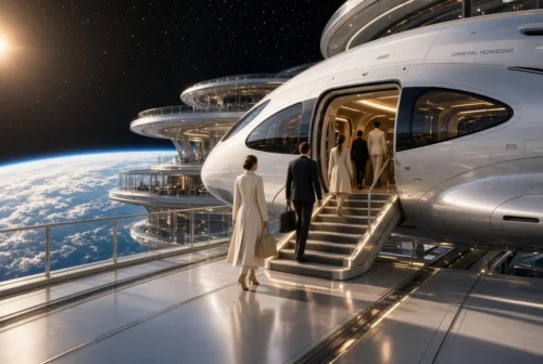 Passengers boarding a luxury orbital shuttle above Earth