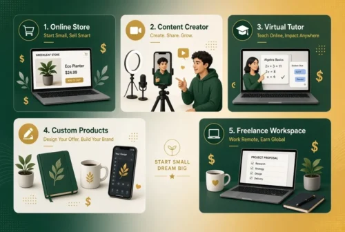 Five low-budget business ideas in modern card layout