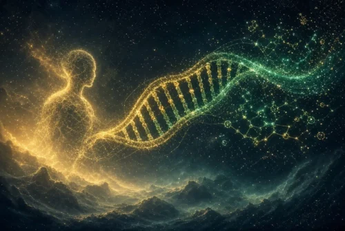 Golden DNA helix emerging from human figure into cosmic genome