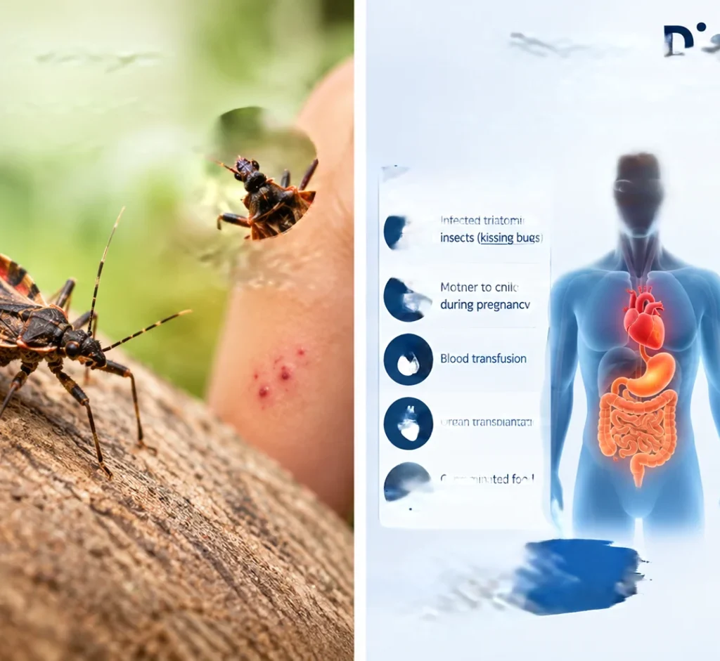 Chagas disease awareness showing kissing bug, transmission, symptoms and prevention
