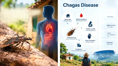 Chagas disease infographic showing kissing bug, transmission routes, symptoms and prevention