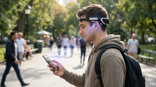 Man outdoors wearing a sleek BCI headband paired with a mobile device.
