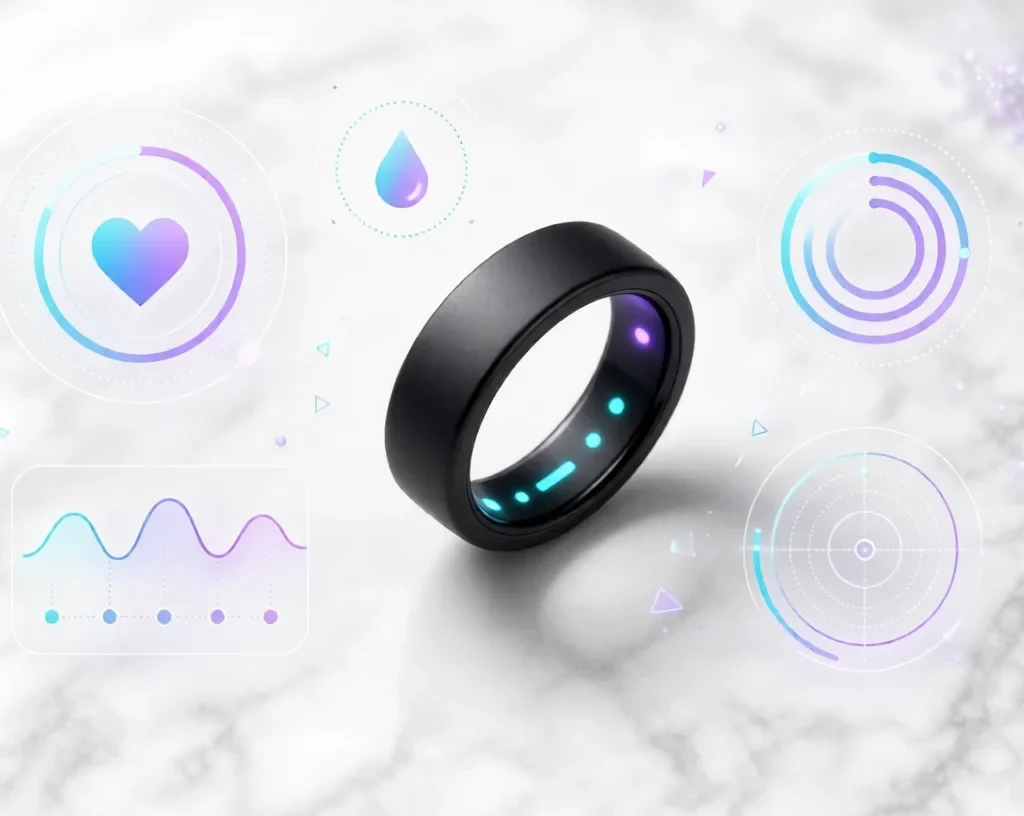 Smart Ring:Matte black Smart Ring with cyan-purple glow and floating health metrics on marble